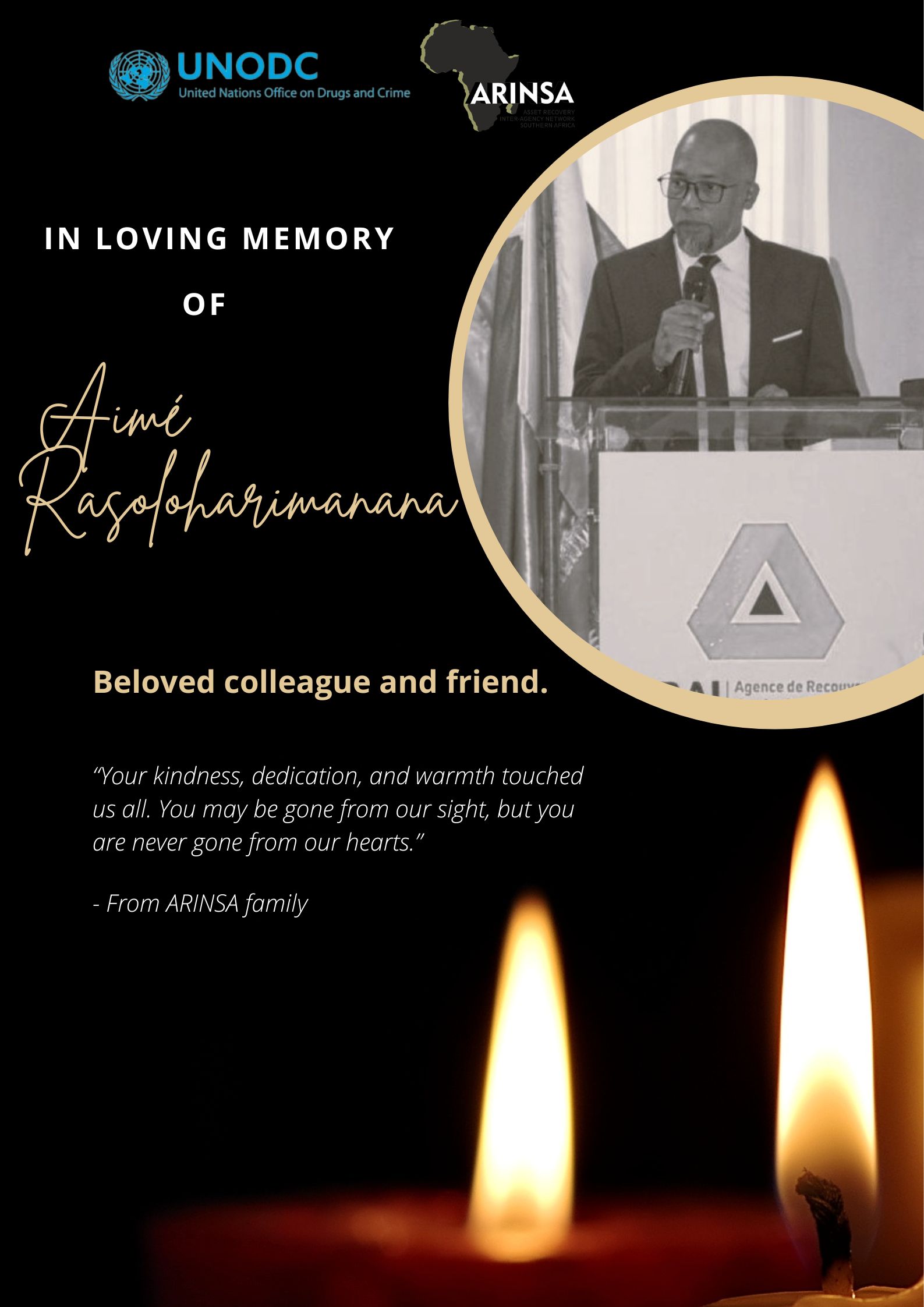 Memorial poster for Aimé Rasoloharimanana, Director General of the Agency for the Recovery of Illicit Assets (ARAI).